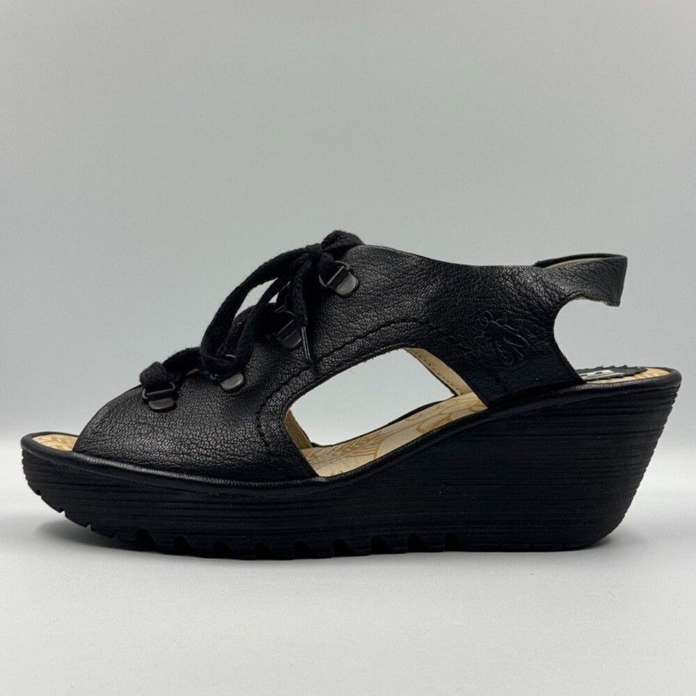 Fly London Ylfa Leather Lace Up Wedge Sandals Black Women's Size US 8.5 EU 39